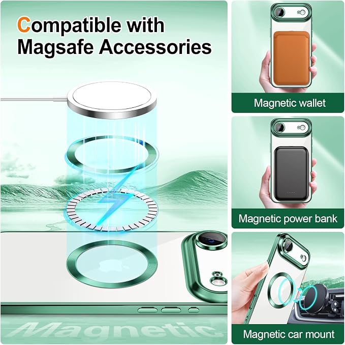 Hython for iPhone Air Case Glitter Clear Magnetic Phone Cases [Compatible with MagSafe] Full Camera Lens Protector Sparkle Luxury Plating Slim Shockproof Protective Cover Women, Gradient Green