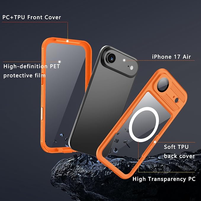 GOLDJU Magnetic for iPhone Air Case-Waterproof, Built-in Screen & Camera Protector-IP68 Underwater Full Body 16FT Military Dropproof Shockproof Case for iPhone 17 Air 6.5''- Orange