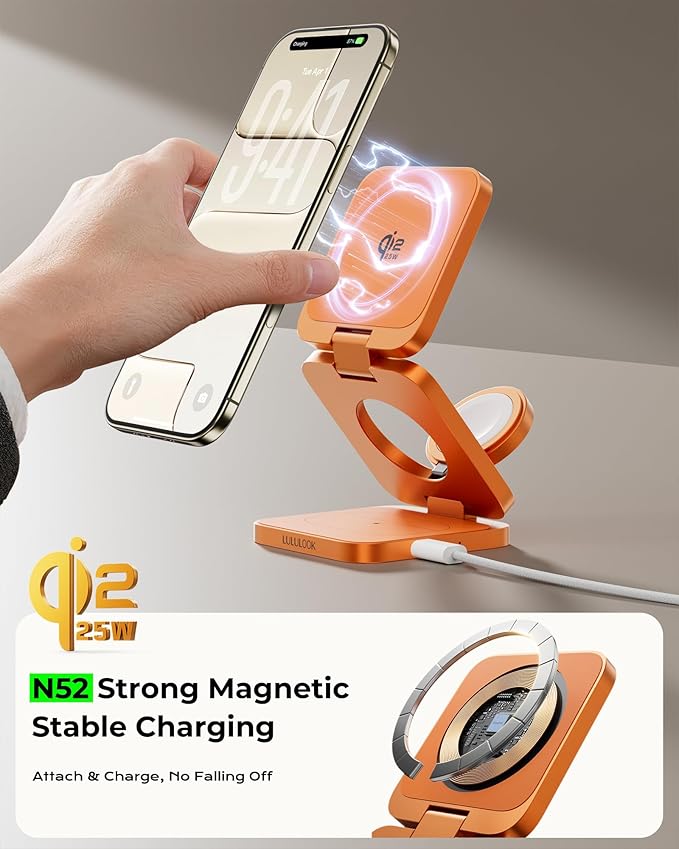 3 in 1 Charging Station for Apple - Qi2.2 25W Magnetic Wireless Charger for iPhone 17/16-12, Apple Watch, AirPods, Travel Fast Charging Foldable Stand with 45W GaN Adapter, Aluminum Alloy Design