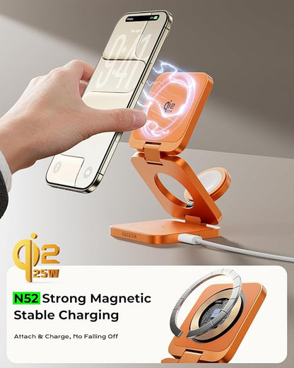3 in 1 Charging Station for Apple - Qi2.2 25W Magnetic Wireless Charger for iPhone 17/16-12, Apple Watch, AirPods, Travel Fast Charging Foldable Stand with 45W GaN Adapter, Aluminum Alloy Design