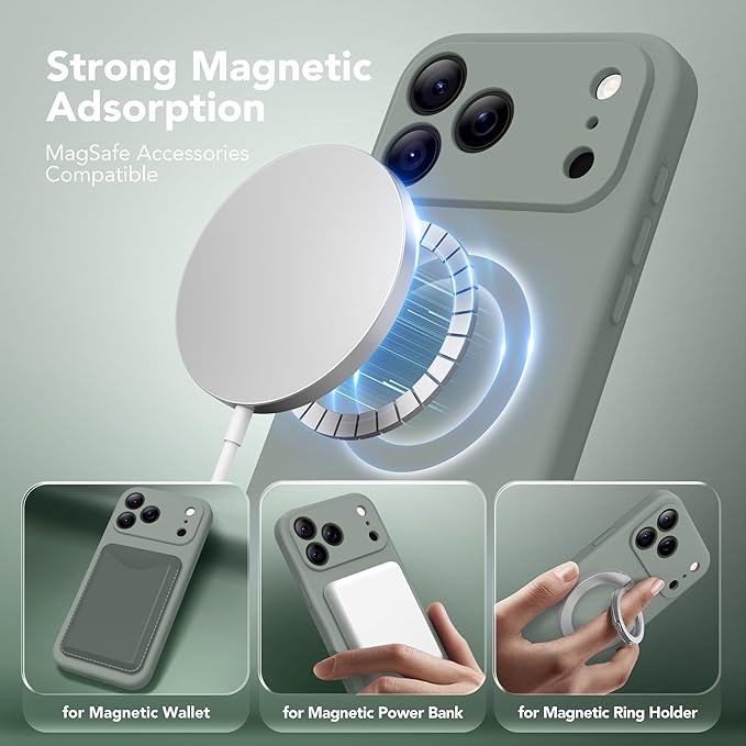 Magnetic for iPhone 17 Pro Case, Compatible with MagSafe, [Full Camera Protection][Screen Protector] Silicone Shockproof Protective Phone Case for iPhone 17 Pro 6.3", Calke Green