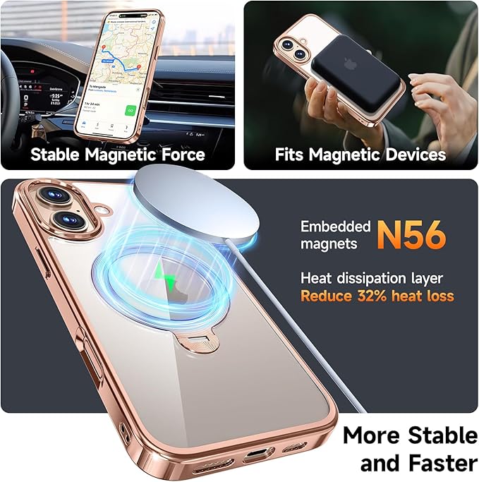 [Tri-Shield Protection] for iPhone 16 Plus Case with 360° Spin Stand Compatible with MagSafe [Magnetic CD Ring] [Screen & Camera Lens Protector] Shockproof Plating Never-Yellowing, Desert Gold-6.7"