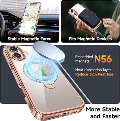 [Tri-Shield Protection] for iPhone 16 Plus Case with 360° Spin Stand Compatible with MagSafe [Magnetic CD Ring] [Screen & Camera Lens Protector] Shockproof Plating Never-Yellowing, Desert Gold-6.7"