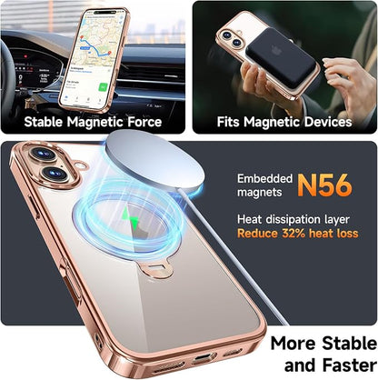 [Tri-Shield Protection] for iPhone 16 Case with 360° Spin Stand Compatible with MagSafe [Magnetic CD Ring] [Screen & Camera Lens Protector] Shockproof Plating Never-Yellowing, Desert Gold-6.1"