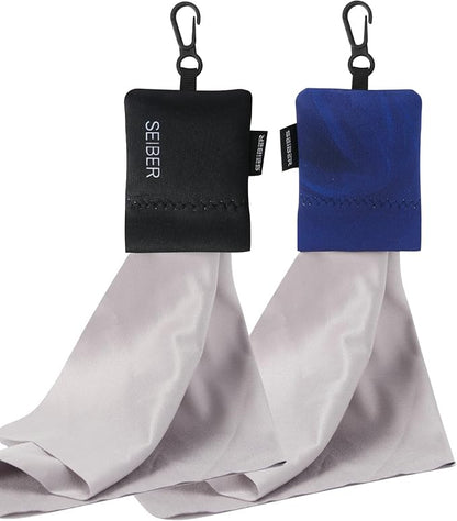 SEIBER Eyeglass Cleaning Microfiber Cloth,7 x 7 inch Glasses Cloth for Sunglasses,Laptops, Cameras,Screen- with Neoprene Pouch,Self-Closing Bottom(2PCS,BKBlue)