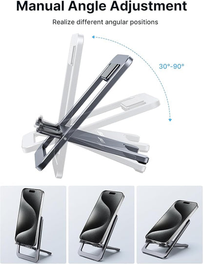 JSAUX Cell Phone Stand, Foldable Aluminum Adjustable Phone Holder for Desk Portable Travel Essentials Office Accessories for iPhone 17 16 15 14 13 Pro Max Samsung S25 S24 S23 Ultra Kindle-Gray