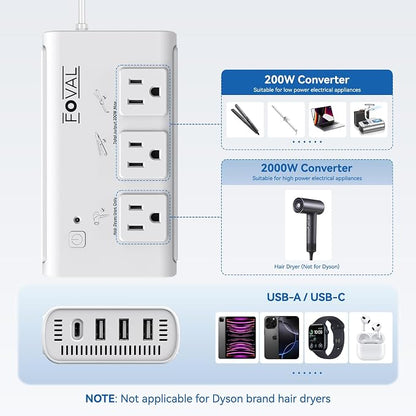 220V to 110V Travel Voltage Converter, FOVAL 2000W Power Converter for Hair Dryer, Straightener/Curling Iron with 4-Port USB (1 USB C), Step Down Transformer for US/EU/UK/AU/SA/Italy/India