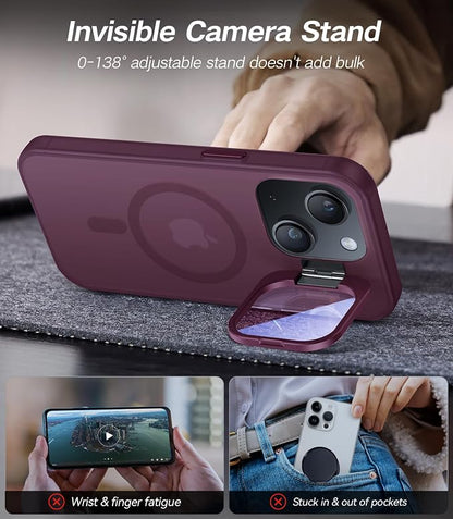 for iPhone 14 Plus Case with Camera Cover Stand [Built-in 9H Camera Lens Protector][Fit for Magsafe] Military Grade Shockproof Translucent Matte Magnetic Phone Case 6.7",Red