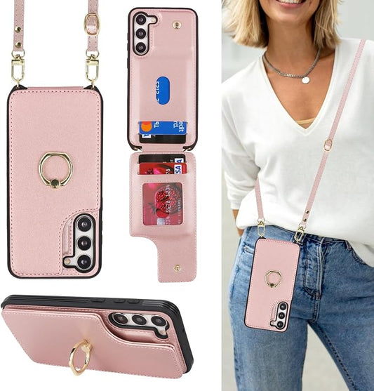 Lipvina for Samsung Galaxy S22 Case with Card Holder and Strap for Women,Crossbody Lanyard,RFID Blocking,Ring Stand,Snap Clasp,RFID Blocking,Phone Wallet Cases 6.1 inch(Rose Gold)