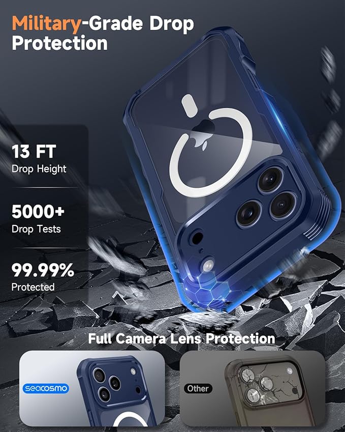 seacosmo for iPhone 17 Pro Case, Full Body Bumper with Built-in Tempered Glass Screen Protector and Camera Lens Protection, Compatible with MagSafe, Shockproof 17 Pro Phone Case, 6.9", Deep Blue