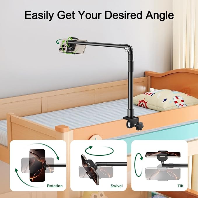 elitehood Aluminum Arm Phone Holder for Bed [360° Swivel Tilt Rotation], Adjustable Bedside Phone Holder Laying Down, iPhone Stand for Bed Desk Overhead, iPhone Clamp Mount Fit All 4-7’’ Cellphone