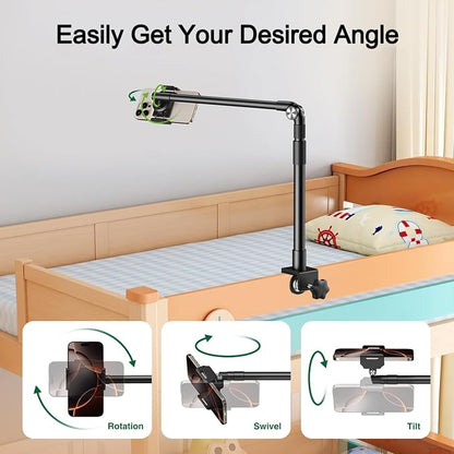 elitehood Aluminum Arm Phone Holder for Bed [360° Swivel Tilt Rotation], Adjustable Bedside Phone Holder Laying Down, iPhone Stand for Bed Desk Overhead, iPhone Clamp Mount Fit All 4-7’’ Cellphone