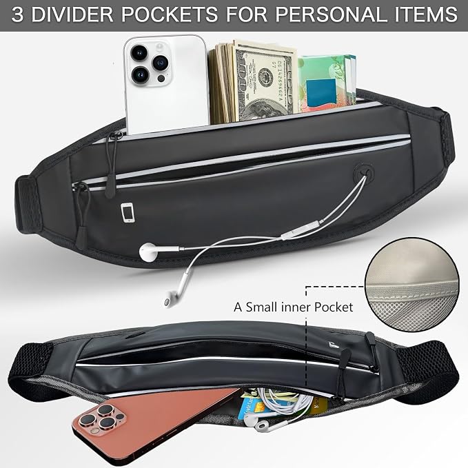 Running belt for Women &Men,Adjustable Exercise Waist Pack Reflective Running Belt for Sports Workout Cycling Hiking, Casual Hands-Free Wallets Phone Bag Fits All Phones(black)