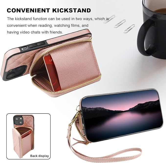 Bocasal Crossbody Wallet Case for iPhone 14, RFID Blocking PU Leather Zipper Handbag Purse Flip Cover, Kickstand Folio Case with Card Slots Holder Wrist Strap Lanyard 5G 6.1 Inch (Rose Gold)