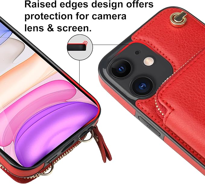 Bocasal Crossbody Wallet Case for iPhone 11, RFID Blocking Leather Purse Case with Card Holder, Protective Handbag Flip Cover with Zipper Wrist Strap Lanyard for Women 6.1 Inch (Red)