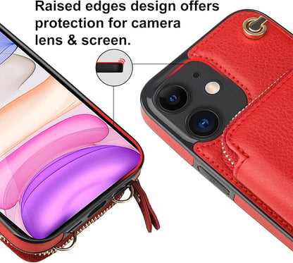 Bocasal Crossbody Wallet Case for iPhone 11, RFID Blocking Leather Purse Case with Card Holder, Protective Handbag Flip Cover with Zipper Wrist Strap Lanyard for Women 6.1 Inch (Red)