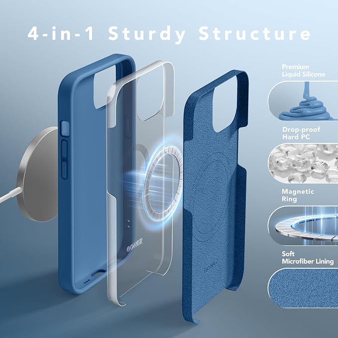 GONEZ Magnetic for iPhone 14 Case, Compatible with Magsafe, with Screen Protector + Camera Protector, Anti-Scratch Microfiber Lining, Liquid Silicone Shockproof Protective Phone Case, Lake Blue