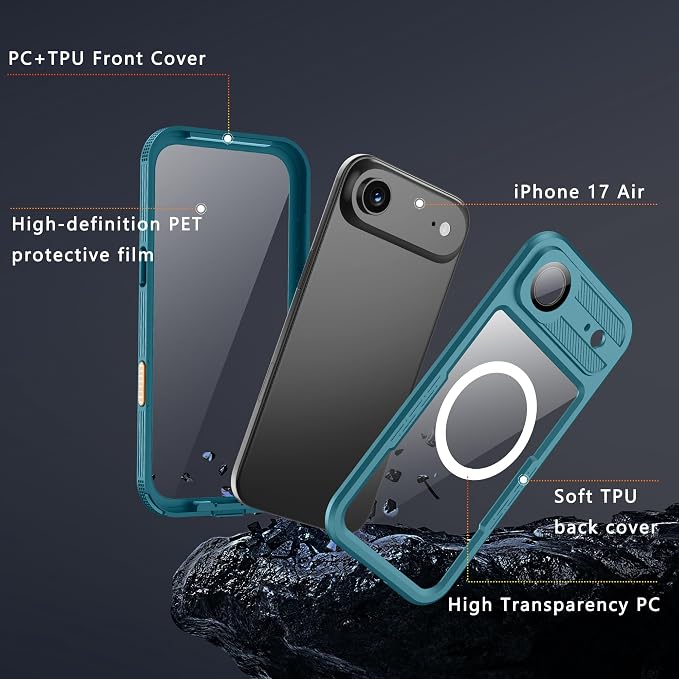 GOLDJU Magnetic for iPhone 17 Air Case-Waterproof, Built-in Screen & Camera Protector-IP68 Underwater Full Body 16FT Military Dropproof Shockproof Case for 17 Air 6.6''- Blue