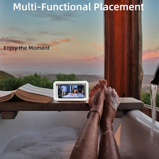 Shower Phone Holder Waterproof,480° Rotation Adjustable Wall Mount Shower Phone Case with Anti-Fog Touch Screen for Bathroom Tub Kitchen Mirror,Up to 6.8 in (White)
