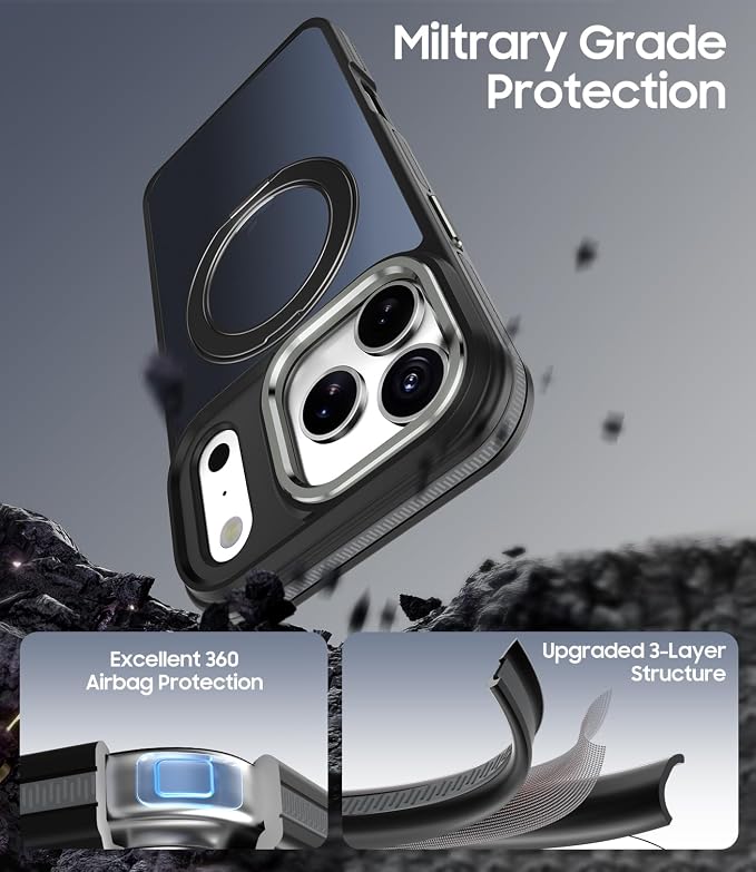 for iPhone 17 Pro Case with 360 Magnetic Ring Stand, Fit MagSafe, Military-Grade Shockproof Protection, Non-Slip Slim Translucent Protective Phone Cover, Black