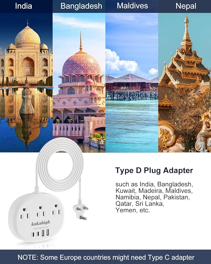 India to US Plug Adapter, India Extension Cord 3FT | India Plug Adapter with 3 USA Outlets 4 USB Ports, Type D Travel Adapter for India Bangladesh Maldives Nepal Pakistan
