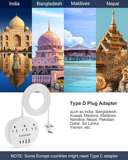 India to US Plug Adapter, India Extension Cord 3FT | India Plug Adapter with 3 USA Outlets 4 USB Ports, Type D Travel Adapter for India Bangladesh Maldives Nepal Pakistan