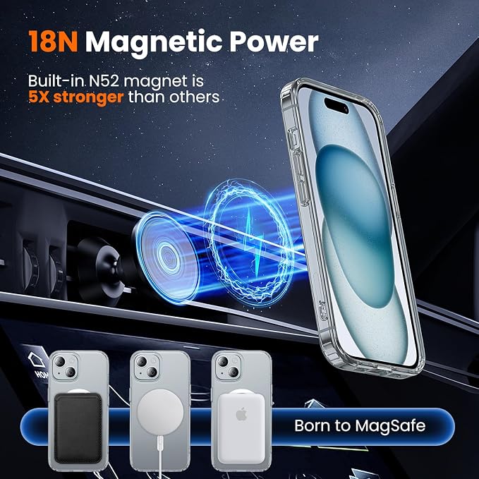 3 in 1 for iPhone 15 Case Clear with MagSafe, Not Yellowing, Screen Protector*1 Camera Lens Protector*1, Military-Grade Protection for iPhone 15 Phone Case 6.1 inch Clear