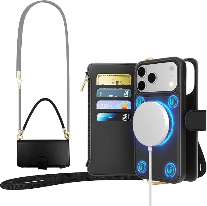 for iPhone 17 Pro Detachable Wallet Case with Crossbody.Multi-Function 2 in 1 Magnetic Wallet Case with Card Holder.Flip Strap Zipper Phone Case with Shoulder Straps (Black, iPhone 17 Pro)