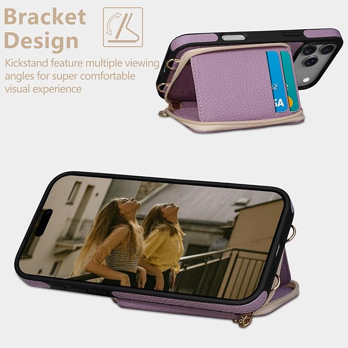 Keallce Case for iPhone 17 Pro Max 6.9'' Case Wallet, Crossbody Zipper Purse with RFID Blocking Card Slots Kickstand, Lanyard & Handstrap Flip Folio Leather Phone Cover for iPhone 17 Pro Max, Purple