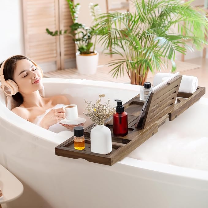 Teak Bathtub Tray - Luxury Bath Tray with Expandable Handles, Wine Glass and Phone Holders, Book Stand - Perfect for Home Spa Relaxation and Reading - Natural Bath Accessories - Dark Walnut Color