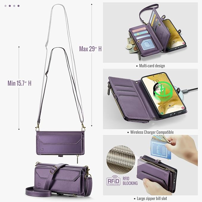 Strapurs Crossbody Wallet Case Compatible with Samsung Galaxy S22 Plus RFID Blocking Card Holder Soft PU Leather Magnetic Snap Strap Zipper Pocket Phone Case Fit for Galaxy S22+/ S22 Plus - Purple