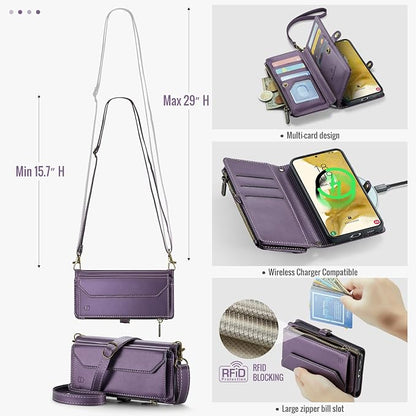 Strapurs Crossbody Wallet Case Compatible with Samsung Galaxy S22 Plus RFID Blocking Card Holder Soft PU Leather Magnetic Snap Strap Zipper Pocket Phone Case Fit for Galaxy S22+/ S22 Plus - Purple