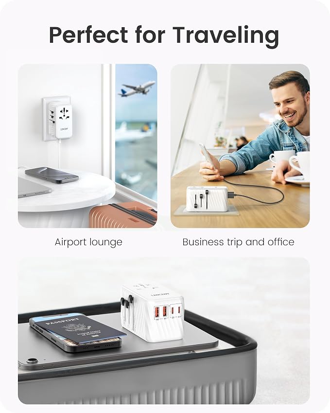 LENCENT Universal Travel Adapter, 100W GaN International Fast Charger | with 2 PD3.0 Type C+2 USB A, Worldwide Power Adaptor for Phones,Laptops, All in One Travel Essentials for EU/USA/UK/AU, White