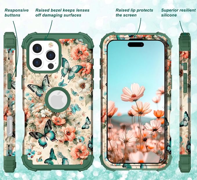 Hocase for iPhone 16 Pro Case 6.3", Heavy Duty Shockproof Protection Soft Silicone Rubber+Hard Plastic Bumpers Hybrid Protective Case for iPhone 16 Pro 2024 - Teal Green Butterflies