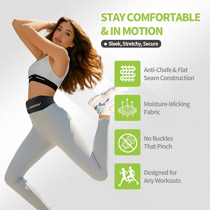 Slim Running Belt Fanny Pack for Men Women, Running Phone Holder, Waist Pack Runners Bag Money Belt with 3 Separate Pouch to Store Your Phone Key Money Safe, Waist Bag-Black