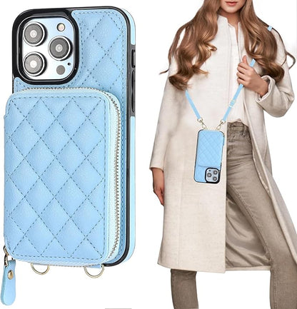 Bocasal Crossbody Wallet Case for iPhone 14 Pro Max, RFID Blocking PU Leather Zipper Handbag Purse Flip Cover, Kickstand Folio Case with Card Slots Holder Wrist Strap Lanyard 5G 6.7 Inch (Blue)