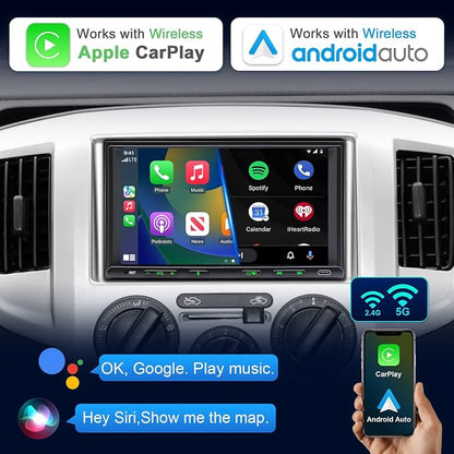 Android Car Stereo Double Din Wireless CarPlay & Android Auto, 7 Inch Touchscreen Car Radio with Split Screen, WiFi, DSP, AHD Backup Camera, Subwoofer, USB/AUX/SWC/FM (2G+32G)