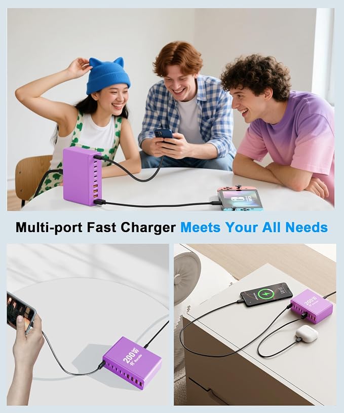 USB C Charging Station 10 Port with 4 Cables,200W GaN Type C Charger Block | Wall Charger Power Strip Adapter Plug for iPad iPhone17 16 15 14 13 12 Pro Max Pixel Note Galaxy Purple