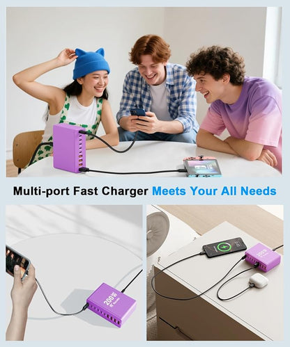 USB C Charging Station 10 Port with 4 Cables,200W GaN Type C Charger Block | Wall Charger Power Strip Adapter Plug for iPad iPhone17 16 15 14 13 12 Pro Max Pixel Note Galaxy Purple