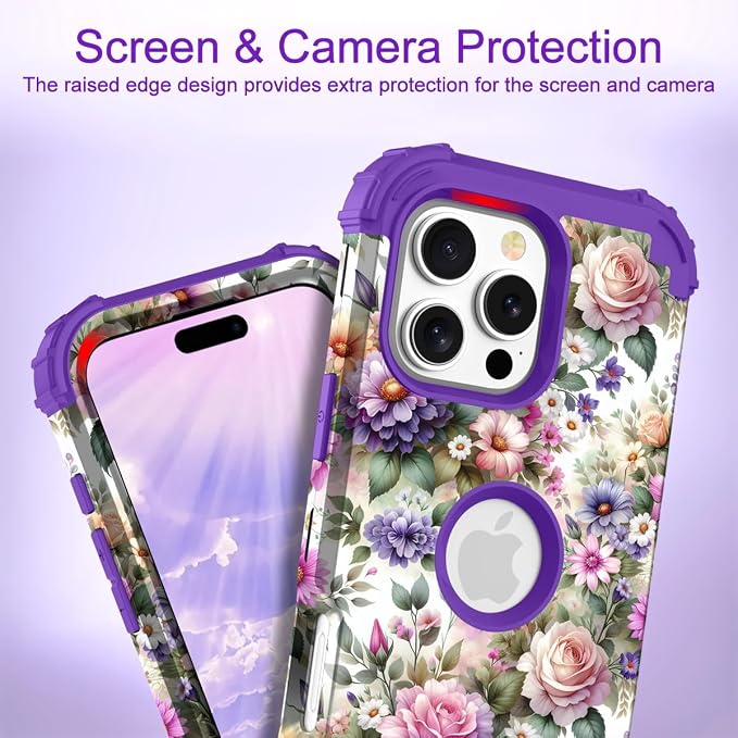 Hocase for iPhone 16 Pro Max Case, Heavy Duty Shockproof Protection Soft Silicone Rubber+Hard Plastic Bumpers Hybrid Protective Case for iPhone 16 Pro Max 2024 - Purple Pink Flowers