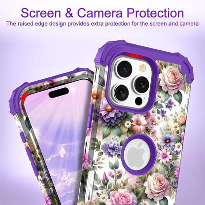Hocase for iPhone 16 Pro Case 6.3", Heavy Duty Shockproof Protection Soft Silicone Rubber+Hard Plastic Bumpers Hybrid Protective Case for iPhone 16 Pro 2024 - Purple Pink Flowers