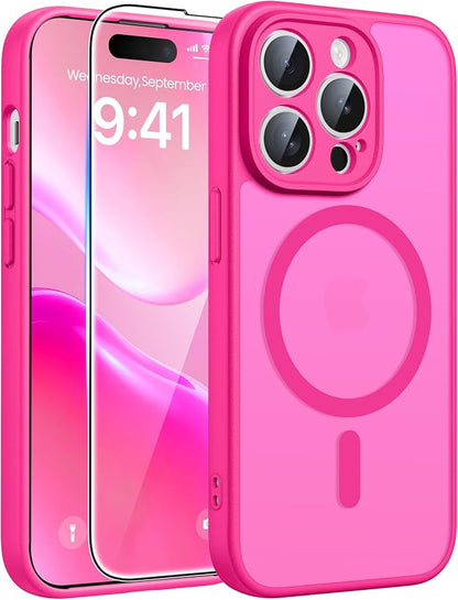 FNTCASE for iPhone 14 Pro Case: [Compatible with Magsafe] Translucent Matte Cases with [Full Camera Protection] [Screen Protector] Military Grade Shockproof Protective Phone Cover - Hot Pink