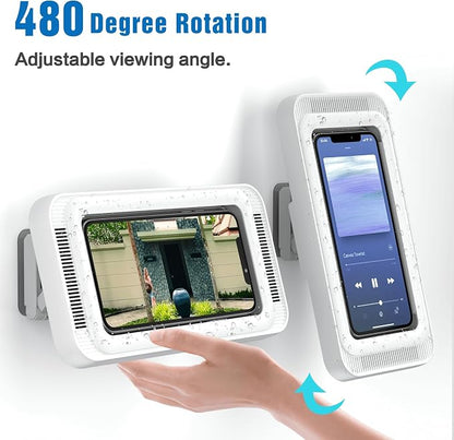 Waterproof Shower Phone Holder with 480° Rotation | Enhanced Sound Quality | Adjustable Arm Stand | Fits up to 7" Screens(White)