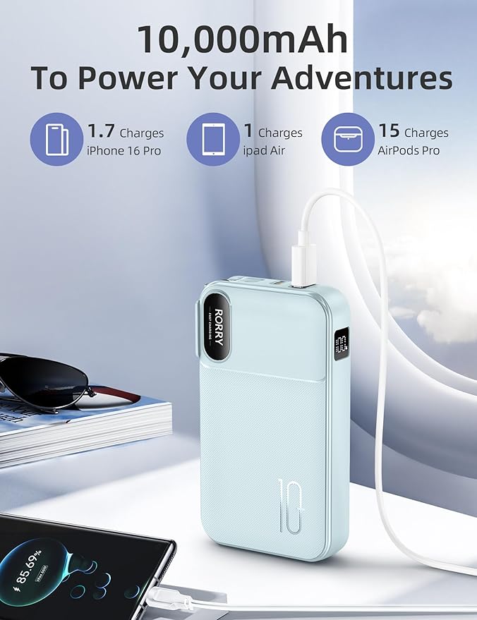RORRY Portable Charger w/Wall Plug 10000mAh Power Bank 22.5W Battery Pack | Built in Cables, Fast Charging, for iPhone, iPad, Samsung Galaxy, Pixel, LG, Travel Essential, Digital Display, Pocket Size