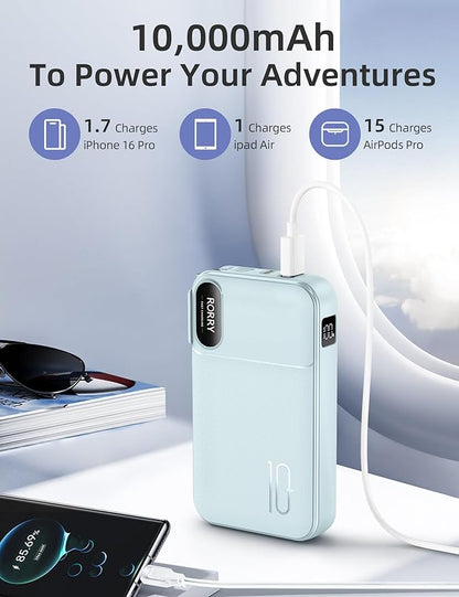 RORRY Portable Charger w/Wall Plug 10000mAh Power Bank 22.5W Battery Pack | Built in Cables, Fast Charging, for iPhone, iPad, Samsung Galaxy, Pixel, LG, Travel Essential, Digital Display, Pocket Size