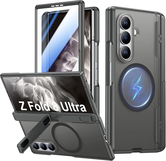for Samsung Galaxy Z Fold 8 Ultra Case,[Compatible with MagSafe][Built-in HD Screen Protector & Kickstand][Hinge Protection] Translucent Matte Shockproof Phone Case for Z Fold 8 Ultra,Gray