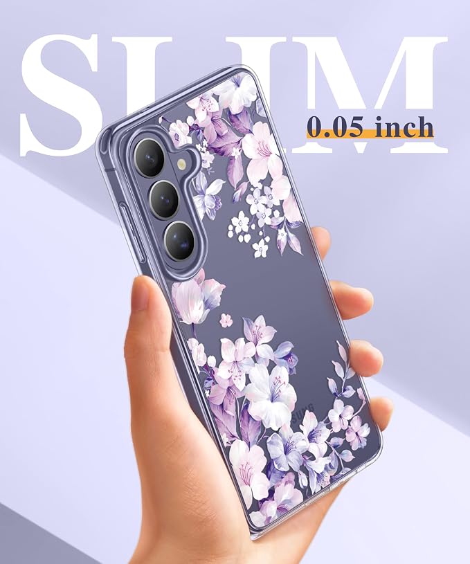GVIEWIN for Samsung Galaxy S26 Plus Case, Clear Floral Slim Shockproof Protective Women Phone Case, Non-Yellowing, with Screen Protector&Camera Lens Protector for S26 Plus 6.7", Foliolosa/Purple