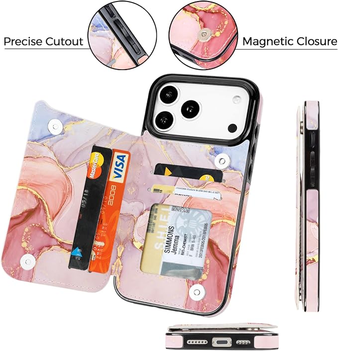 uCOLOR for iPhone 17 Pro Max Wallet Case with Card Holder PU Leather RFID Blocking Design iPhone 17 Pro Max flip case for Women Men Magnetic Clasp Kickstand Design 6.9 inch (Pink Purple Marble)