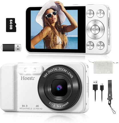 64MP 4K Digital Camera, Hoestr 18X Zoom Autofocus Point and Shoot Compact Camera with 64GB TF Card, Flash, 2.8" LCD Screen for Teens Adult Beginner Travel Photography Vlogging（White）