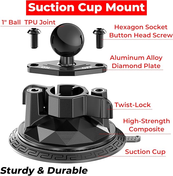 1" Ball Twist-Lock Suction Cup Mount, 3.5" Large Suction Cup Base for Vehicle Windshields, Compatible with RAM Mounts B Size 1" Ball Double Socket Arm, for GoPro Insta360 Camera Phone Holder